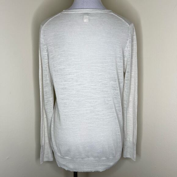 J.Crew Airspun Linen Blend Cardigan Sweater MEDIUM Beige Burnout V-Neck Preppy - Picture 6 of 7